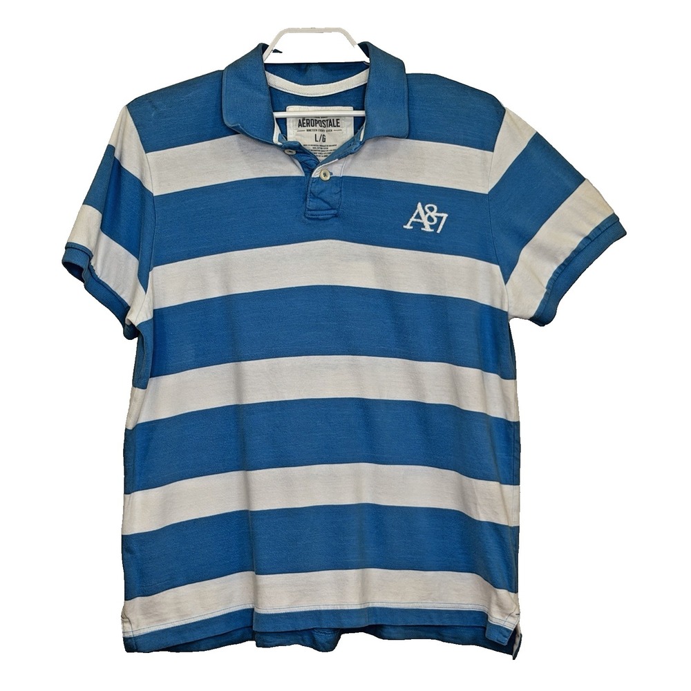 Aeropostale Y2K A87 Logo Blue Striped Polo‎ Shirt Mens Size Large Rugby Preppy